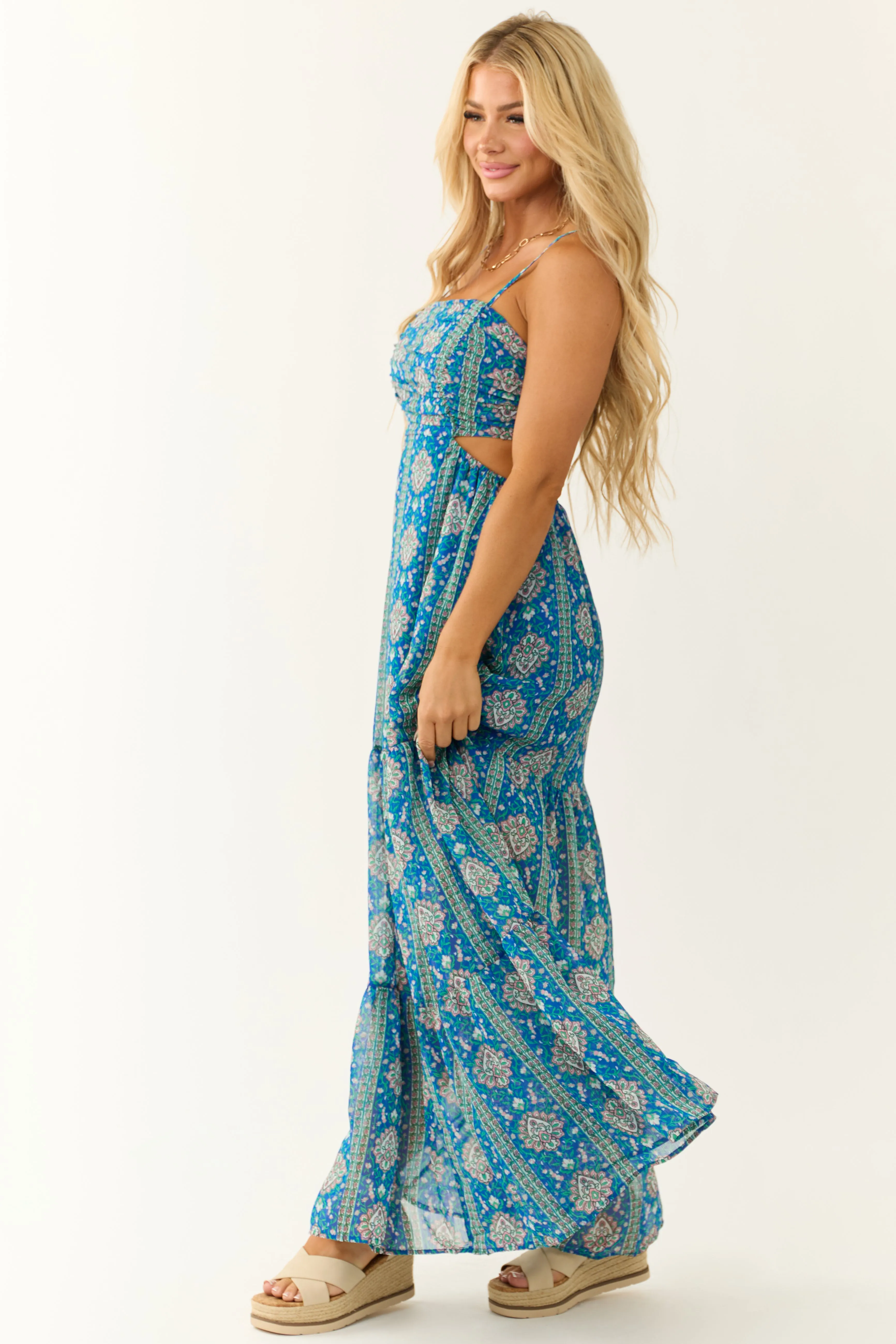 Royal Blue Floral Print Open Back Maxi Dress sold by Lime Lush product image thumbnail 4