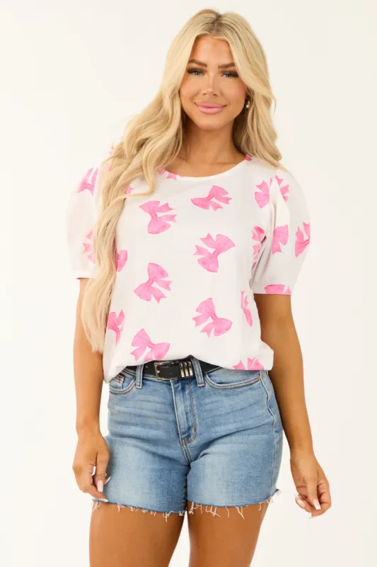 Ivory Bow Print Detail Short Puff Sleeve Top sold by Lime Lush