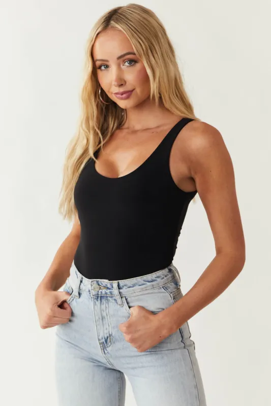 Black Scoop Neck Sleeveless Silky Knit Bodysuit sold by Lime Lush