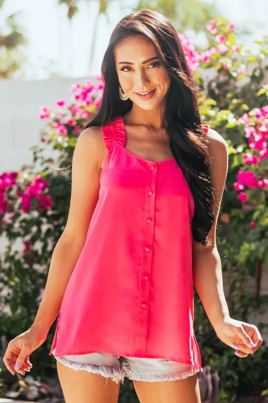 Magenta Button Up Ruffle Strap Woven Tank Top sold by Lime Lush