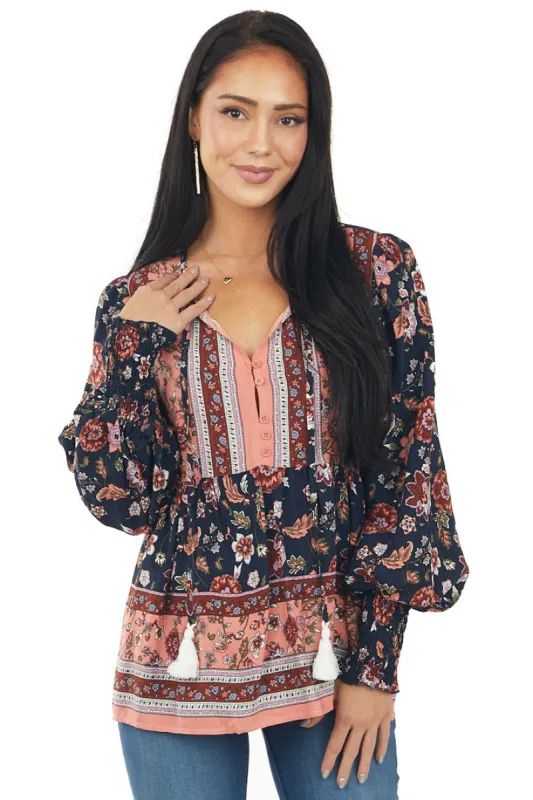 Navy and Coral Floral Print Drop Waist Blouse sold by Lime Lush