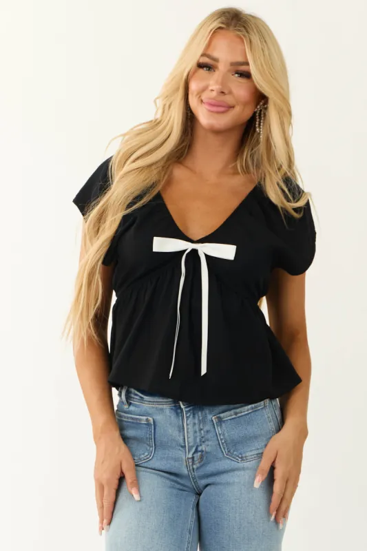Black Bow Detail Short Sleeve Linen Blouse sold by Lime Lush