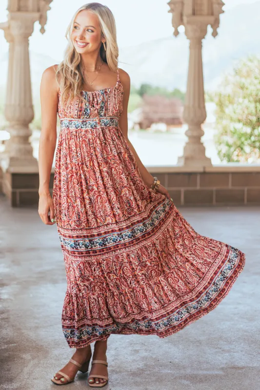 Burgundy Printed Sleeveless Tie Front Maxi Dress sold by Lime Lush