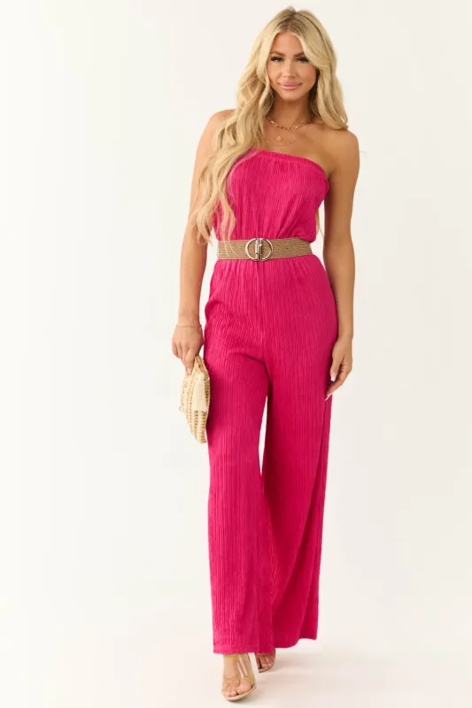 Raspberry Plisse Strapless Belted Jumpsuit sold by Lime Lush