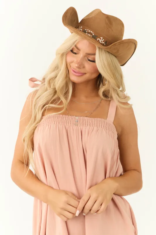 Cognac Curved Brim Flower Pattern Strap Cowboy Hat sold by Lime Lush