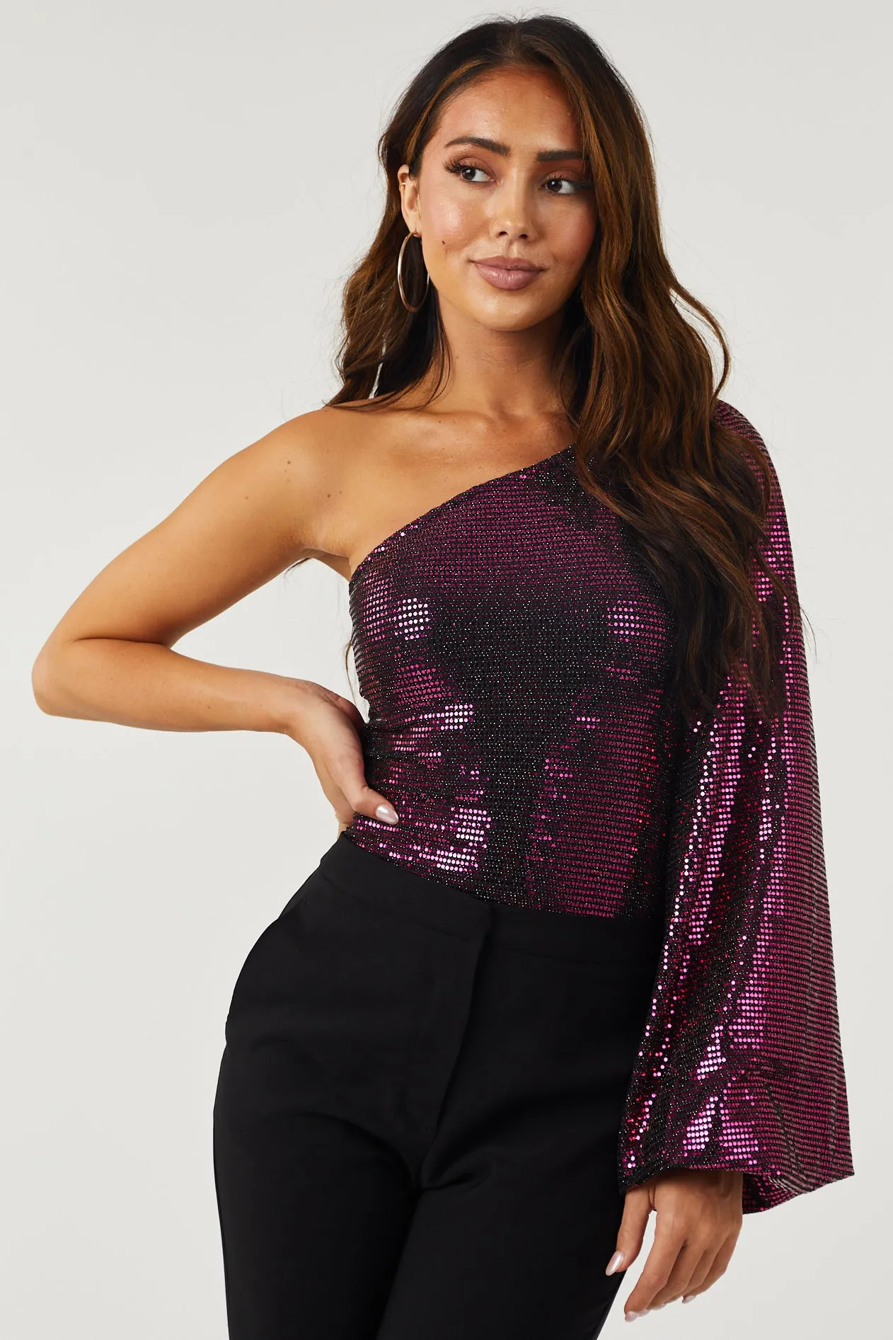 Eggplant One Shoulder Sequined Bodysuit sold by Lime Lush