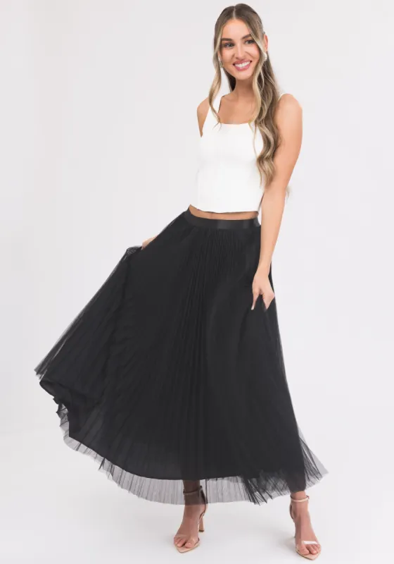 Black Pleated Tulle Elastic Waist Midi Skirt sold by Lime Lush