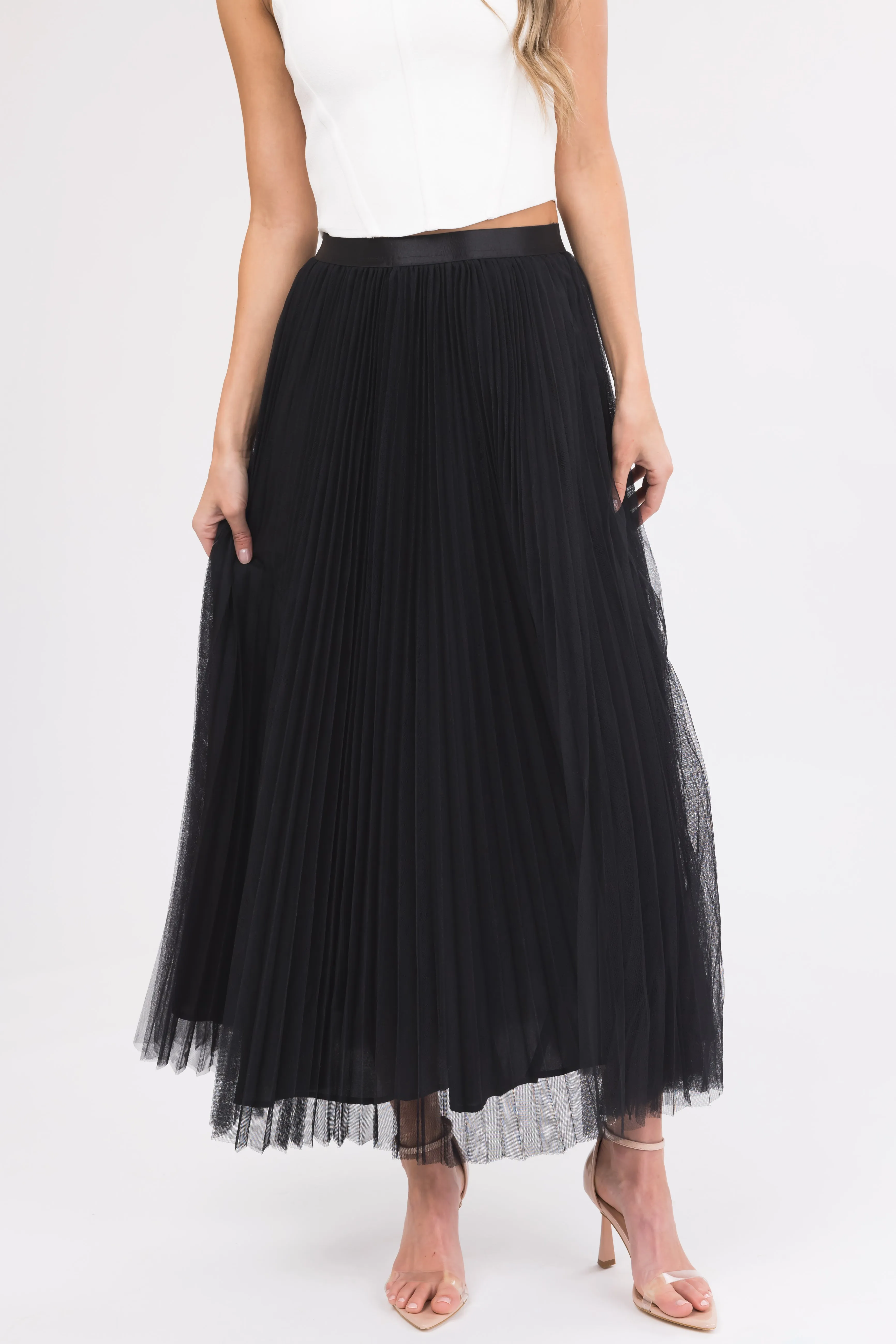 Black Pleated Tulle Elastic Waist Midi Skirt sold by Lime Lush product image thumbnail 2