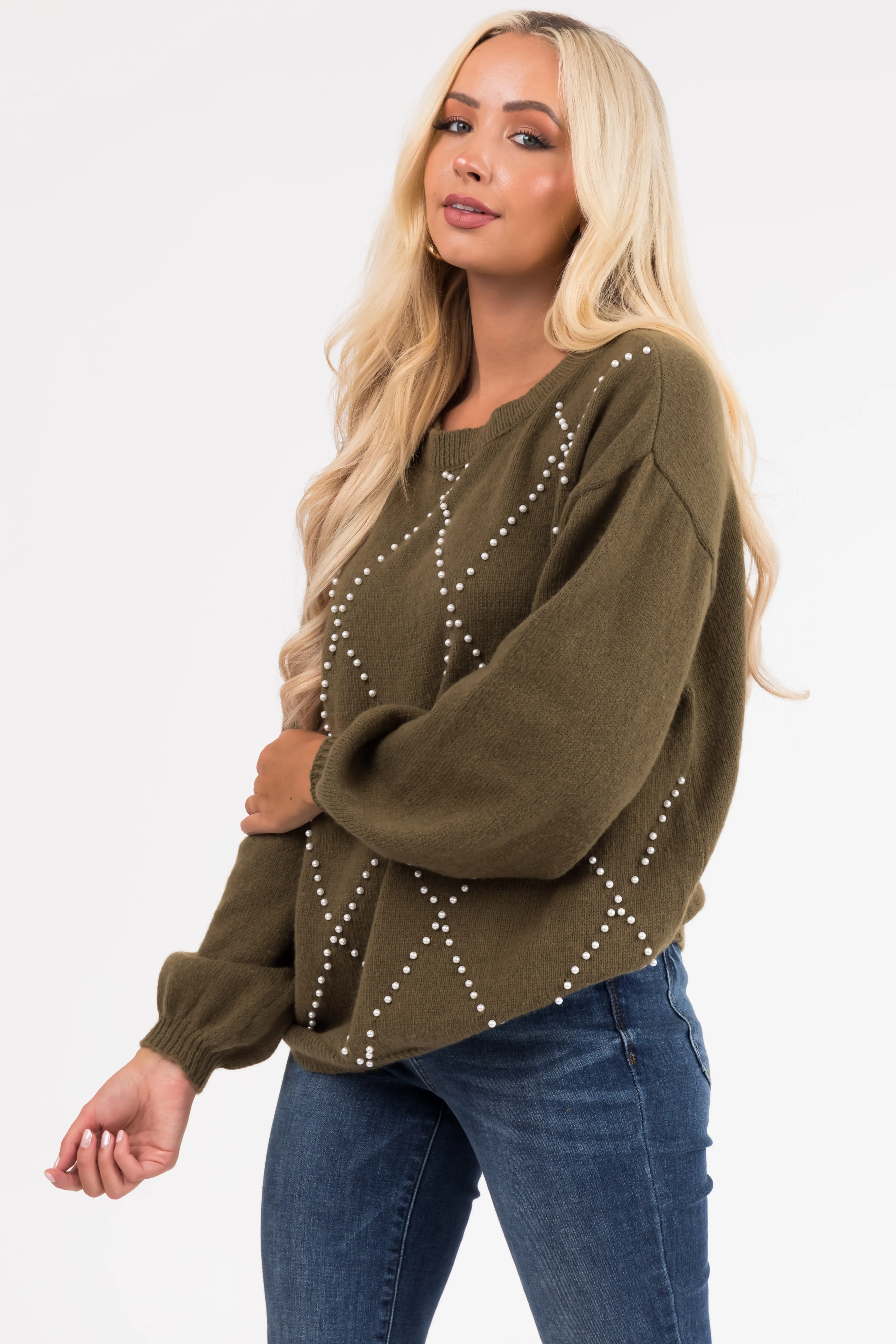 Ellie Olive Diamond Pattern Pearl Beaded Sweater sold by Lime Lush product image thumbnail 4