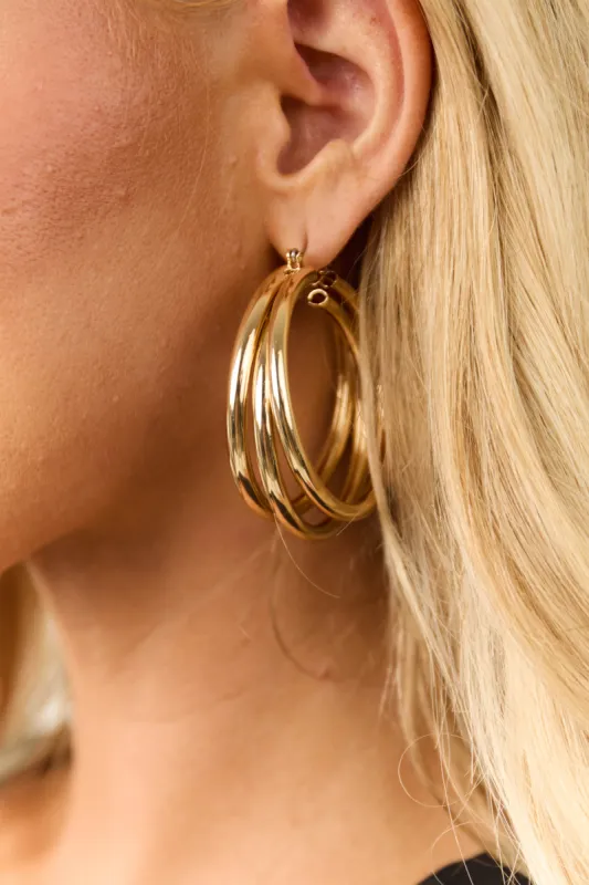 Gold Metal Triple Hoop Earrings sold by Lime Lush