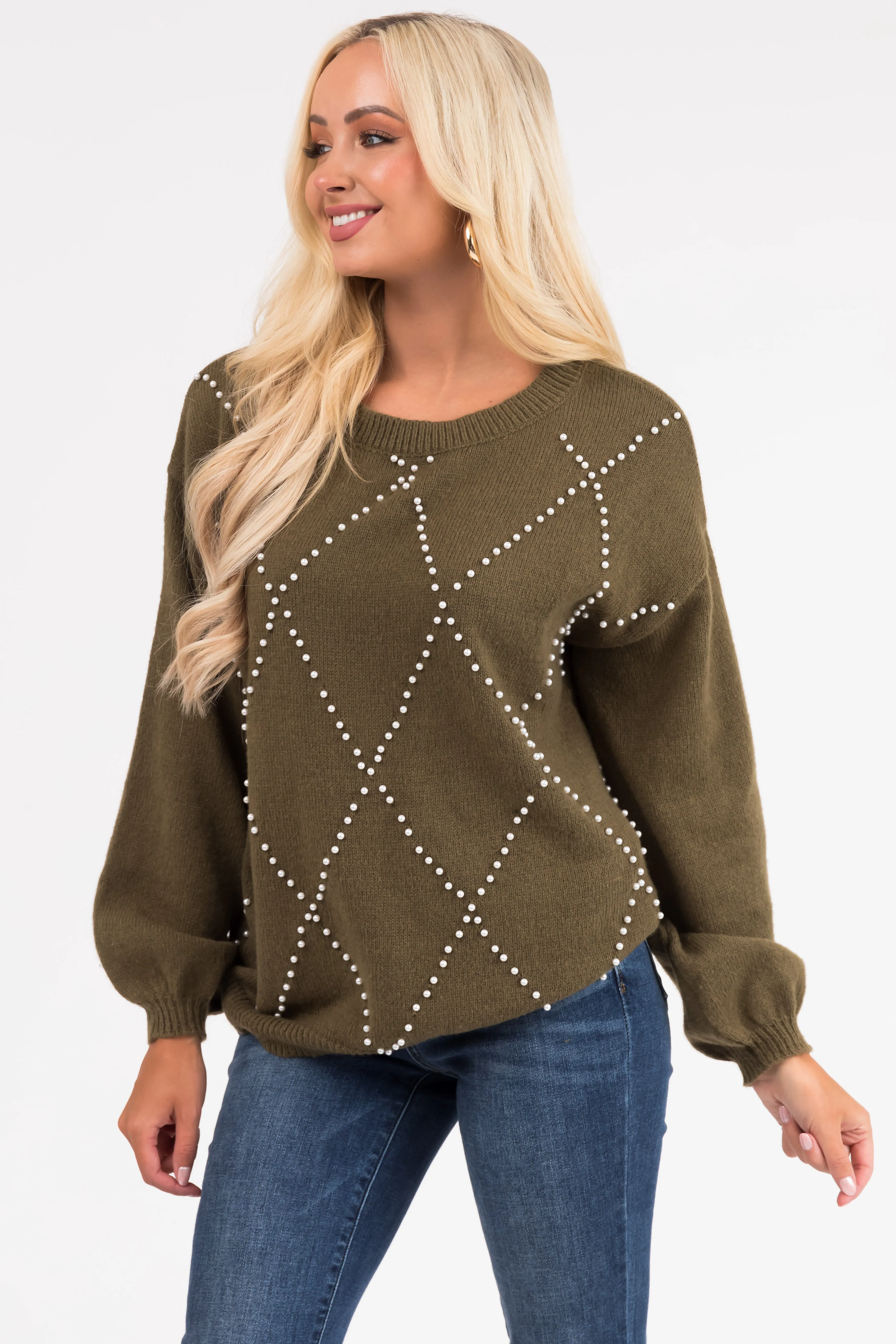 Ellie Olive Diamond Pattern Pearl Beaded Sweater sold by Lime Lush product image thumbnail 2