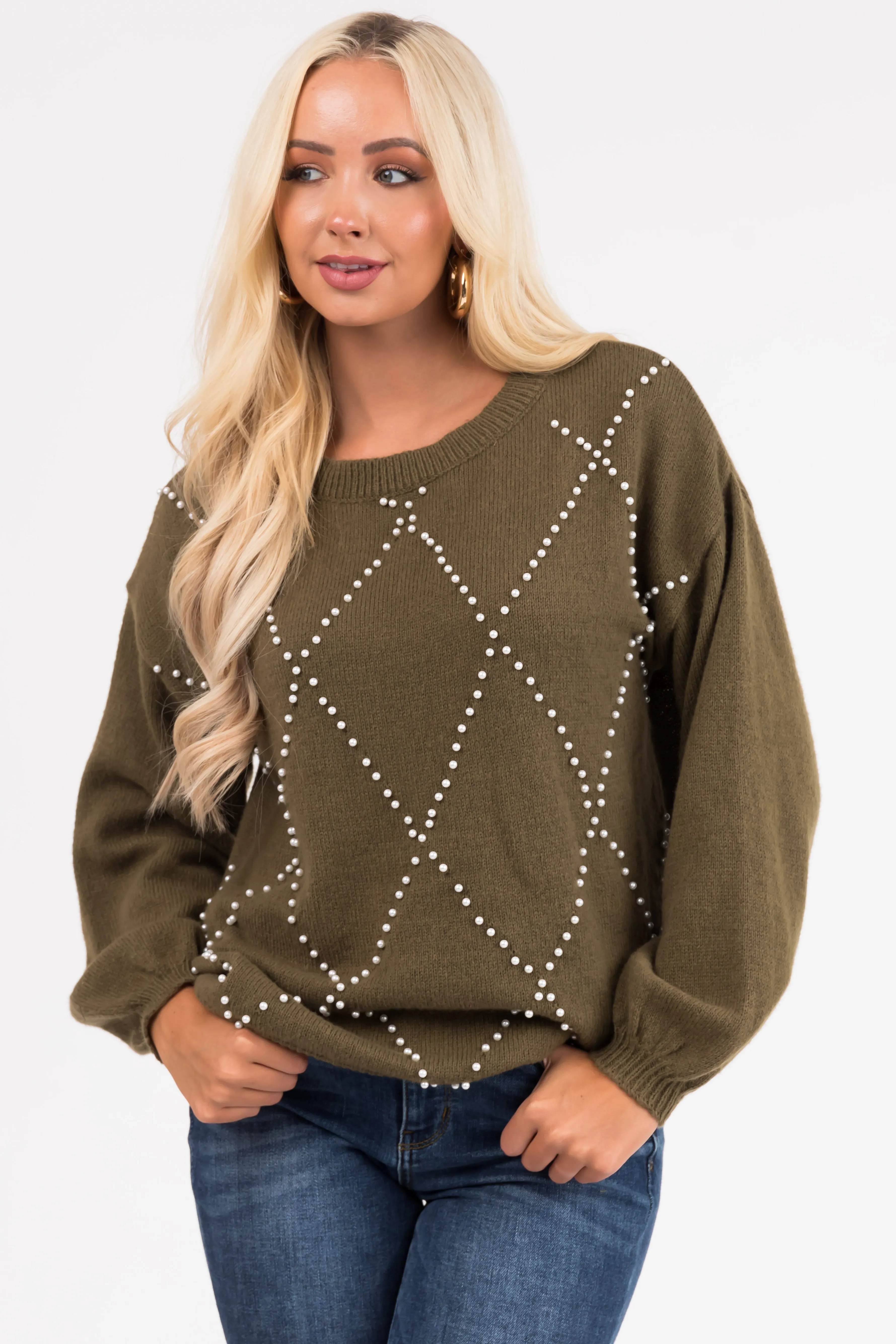 Ellie Olive Diamond Pattern Pearl Beaded Sweater sold by Lime Lush