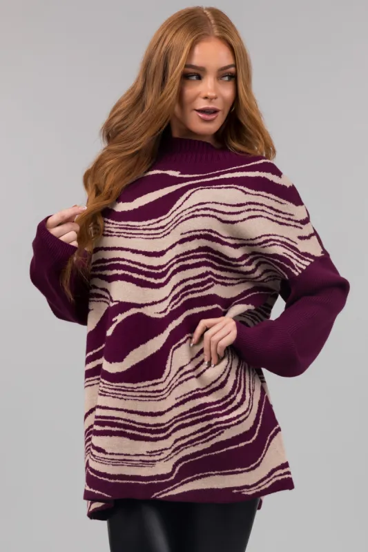 Plum Mock Neck Marble Print Sweater sold by Lime Lush
