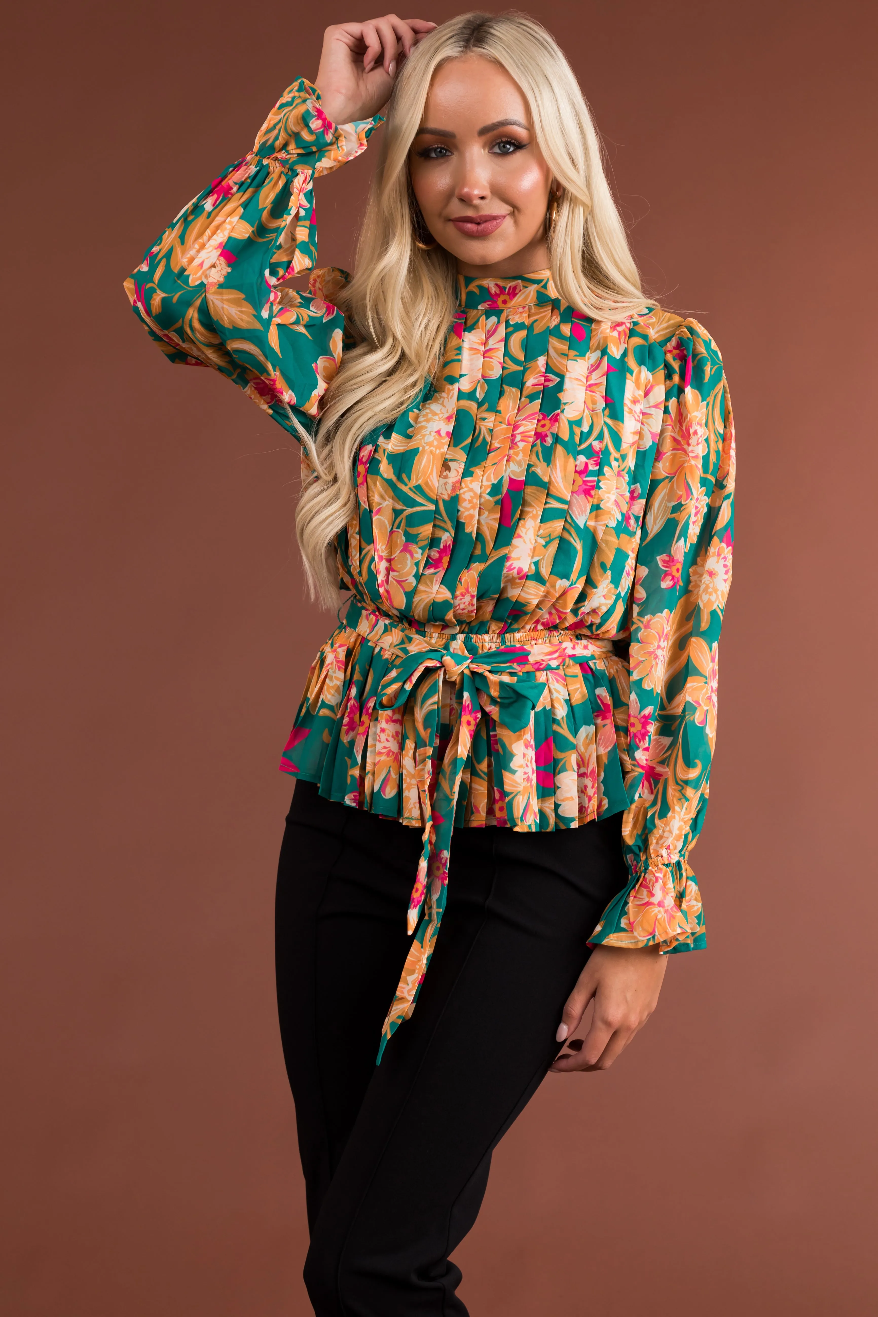 Flying Tomato Jade Floral Print Long Sleeve Pleated Blouse sold by Lime Lush product image thumbnail 3
