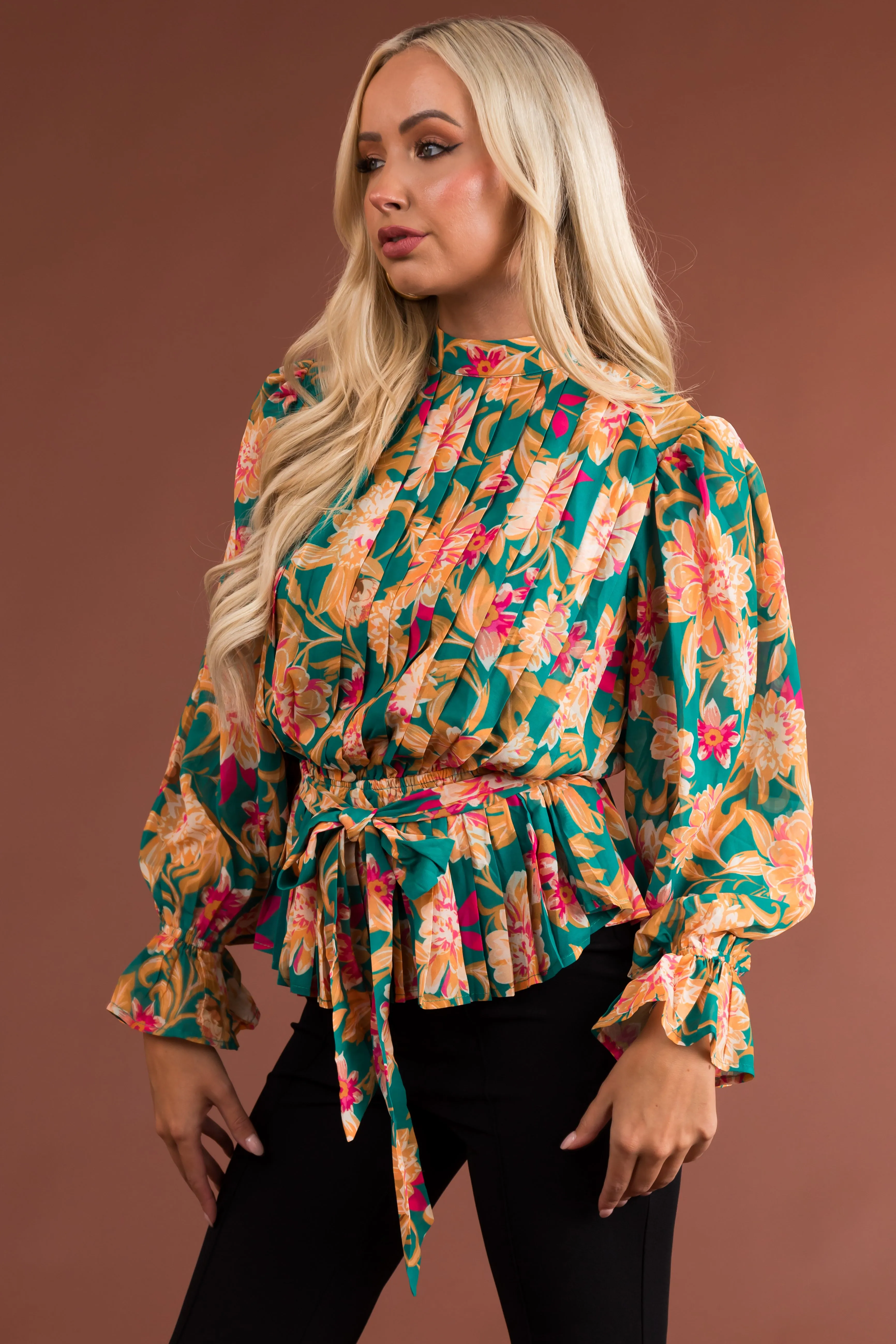 Flying Tomato Jade Floral Print Long Sleeve Pleated Blouse sold by Lime Lush product image thumbnail 5