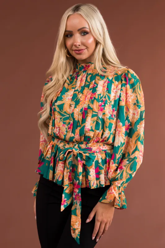 Flying Tomato Jade Floral Print Long Sleeve Pleated Blouse sold by Lime Lush
