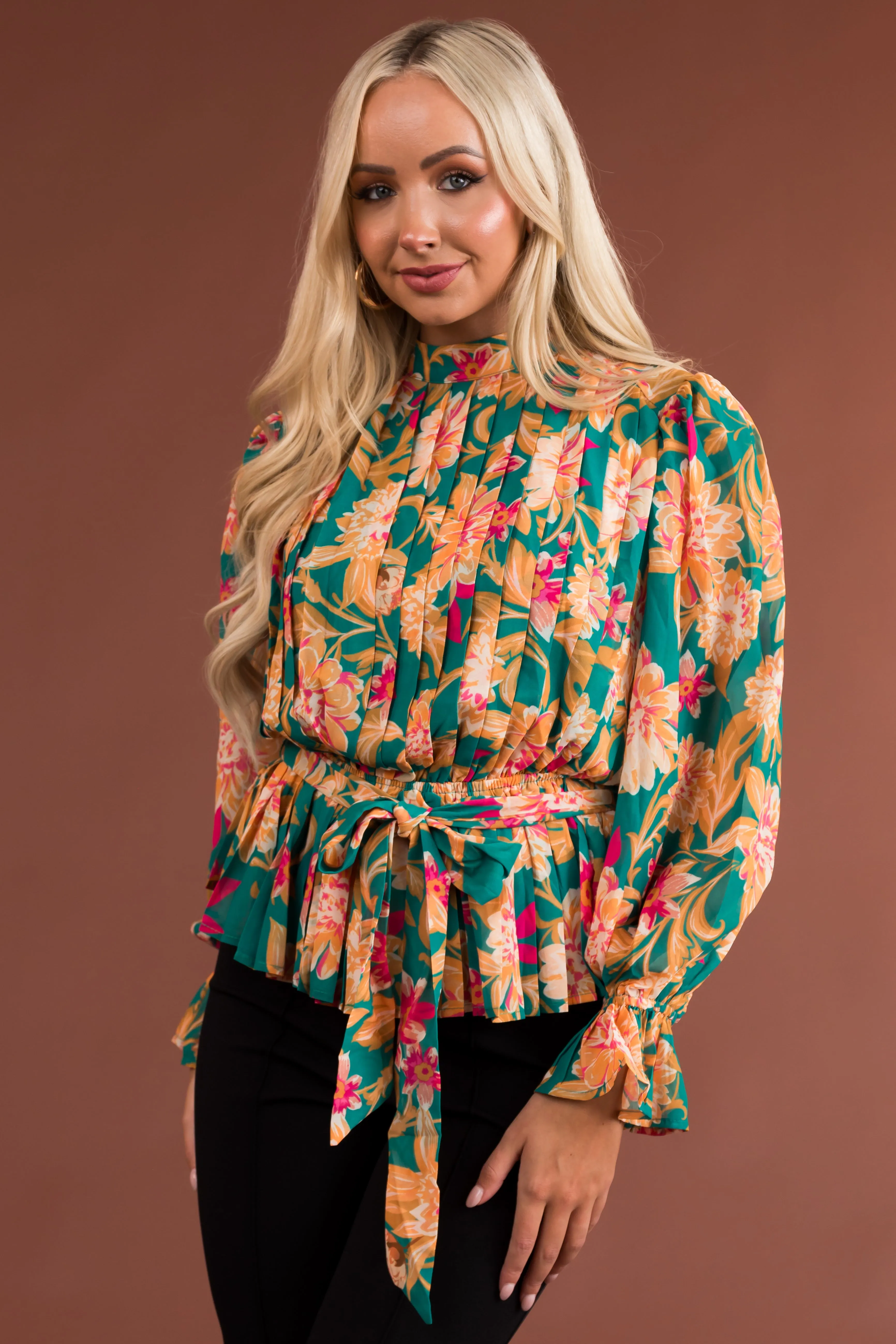 Flying Tomato Jade Floral Print Long Sleeve Pleated Blouse sold by Lime Lush