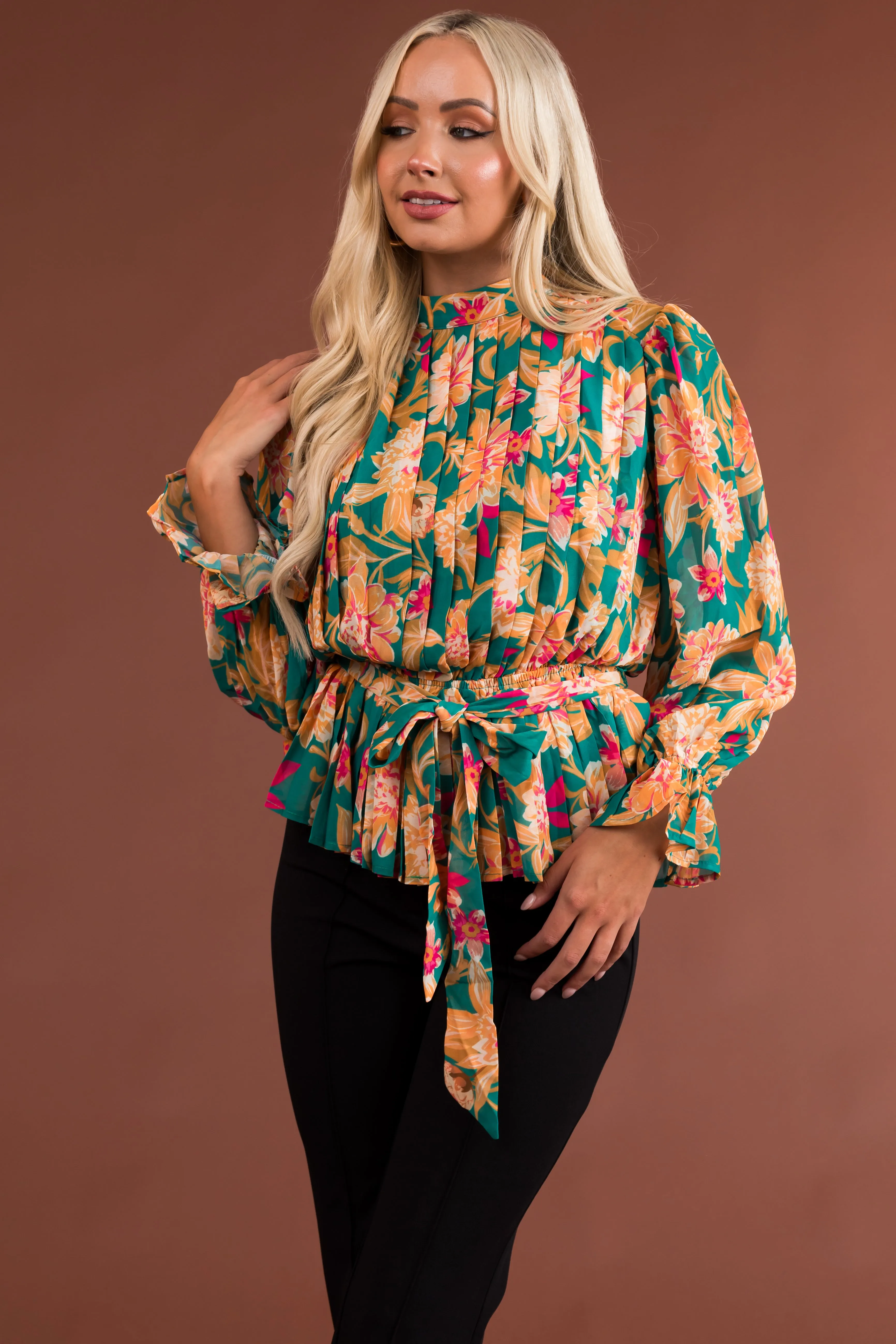 Flying Tomato Jade Floral Print Long Sleeve Pleated Blouse sold by Lime Lush product image thumbnail 2