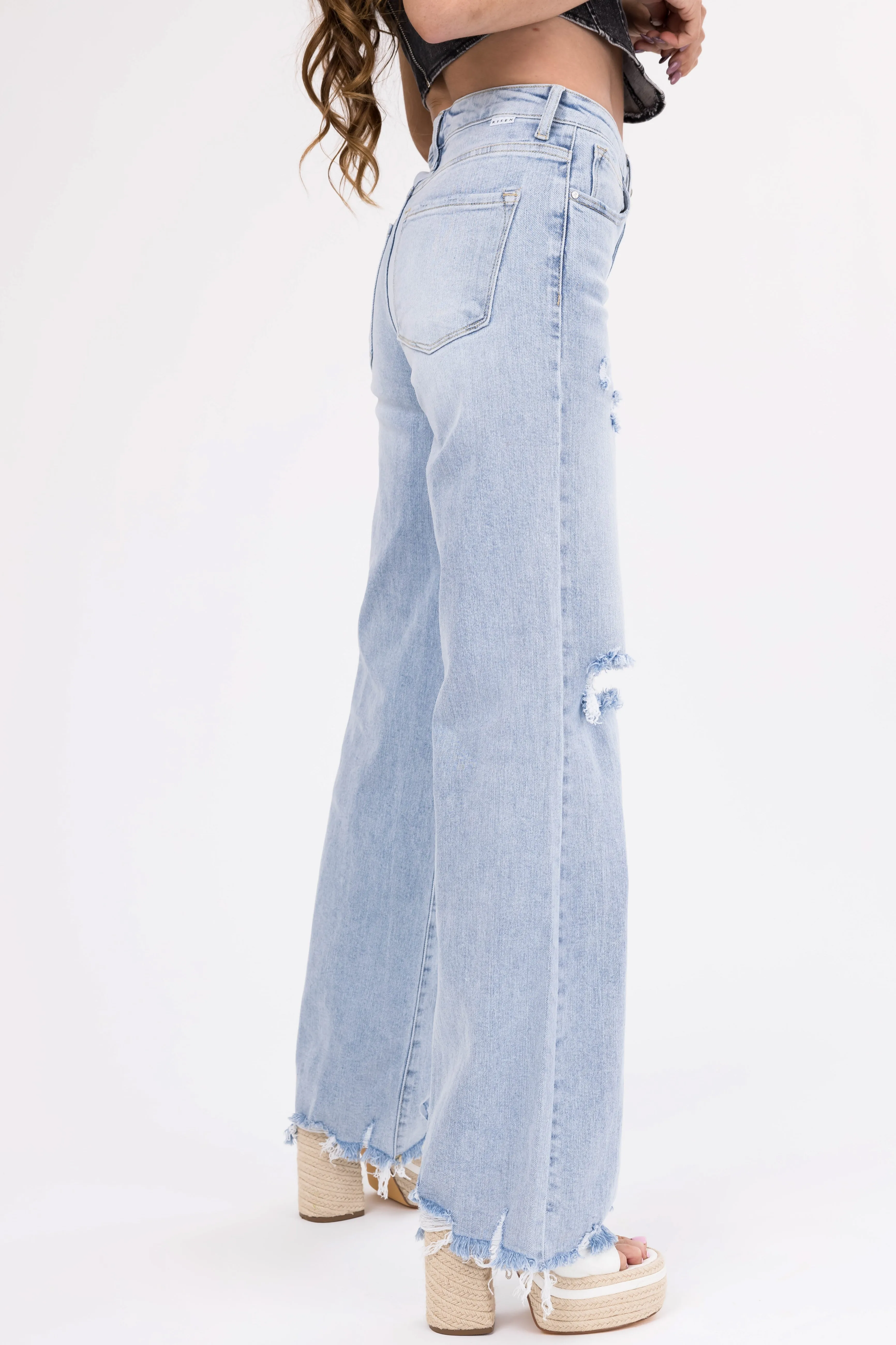 Risen Light Wash Wide Leg Ripped Jeans sold by Lime Lush product image thumbnail 5
