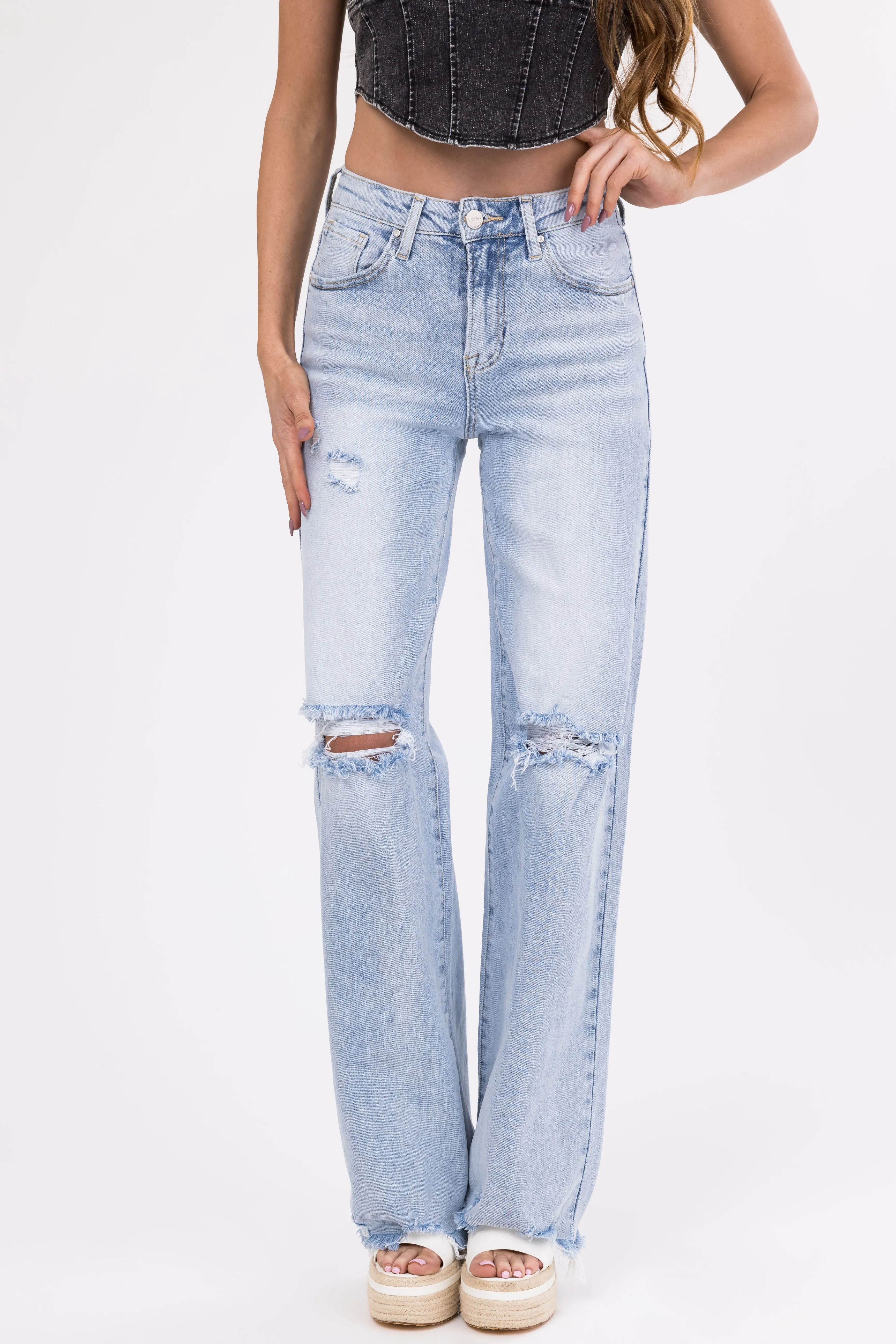 Risen Light Wash Wide Leg Ripped Jeans sold by Lime Lush product image thumbnail 2