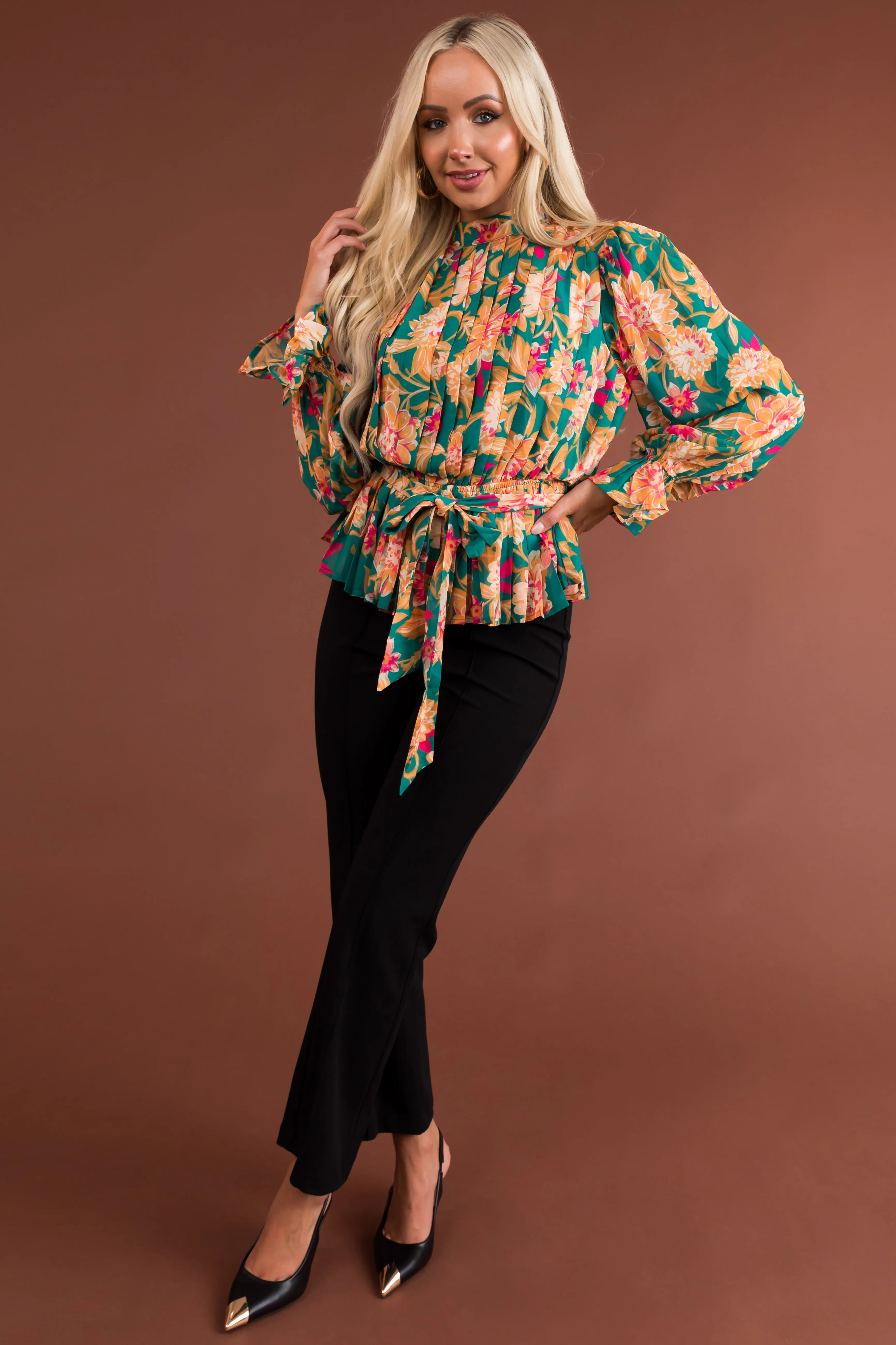 Flying Tomato Jade Floral Print Long Sleeve Pleated Blouse sold by Lime Lush product image thumbnail 4