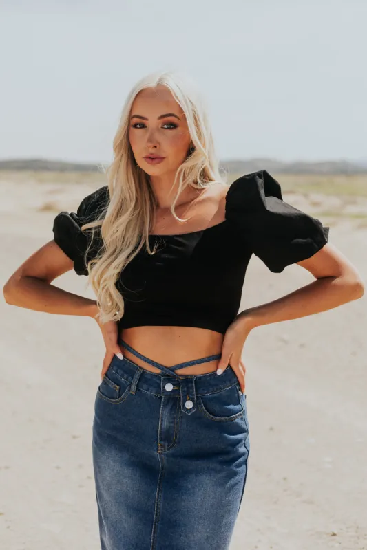 Black Puff Sleeve Strappy Open Back Crop Top sold by Lime Lush