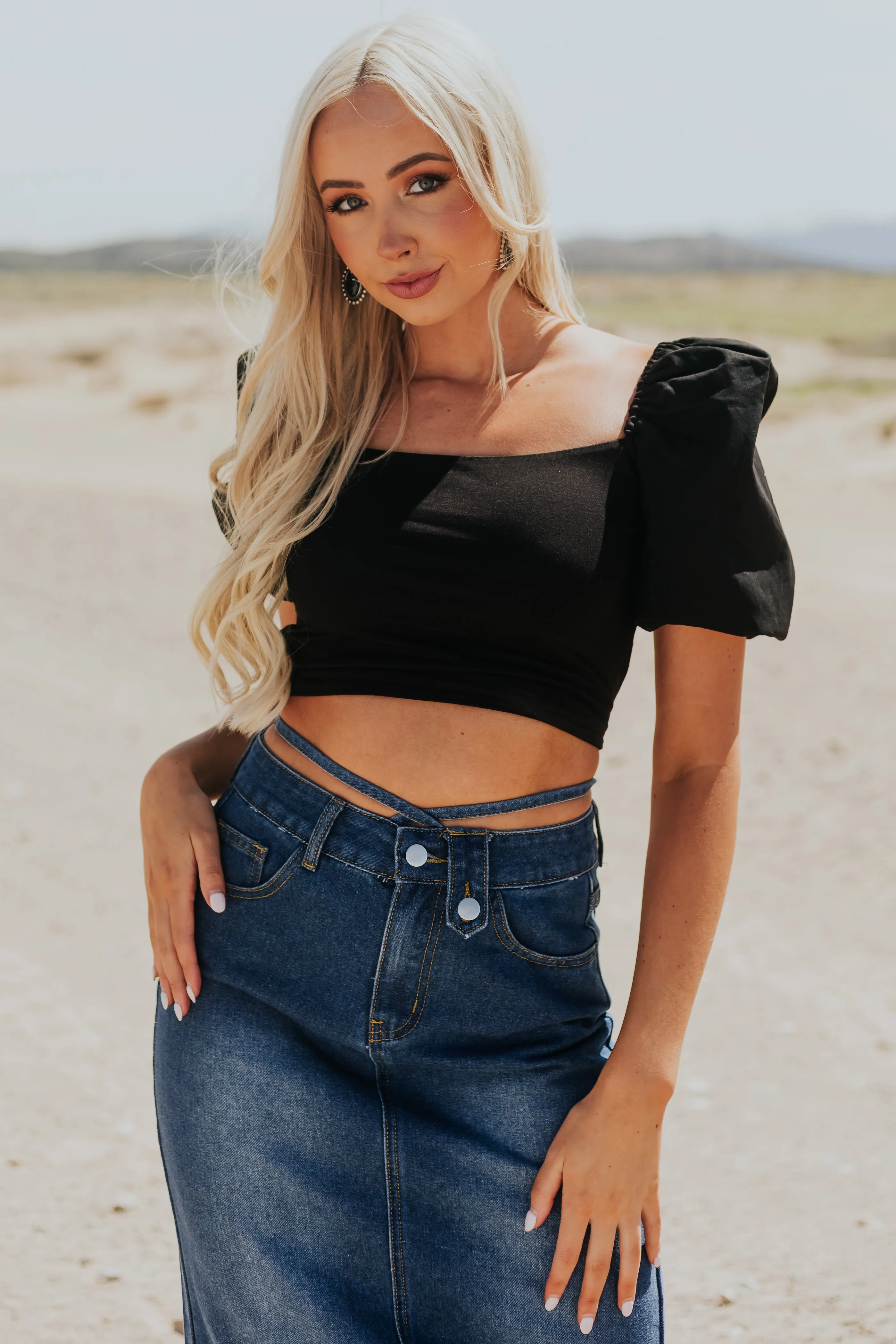Black Puff Sleeve Strappy Open Back Crop Top sold by Lime Lush product image thumbnail 2