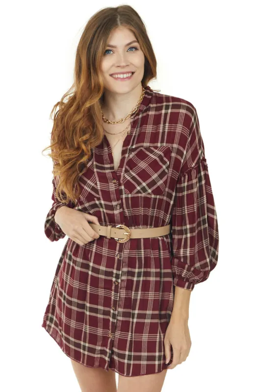 Maroon Plaid Button Up Long Sleeve Shirt Dress sold by Lime Lush