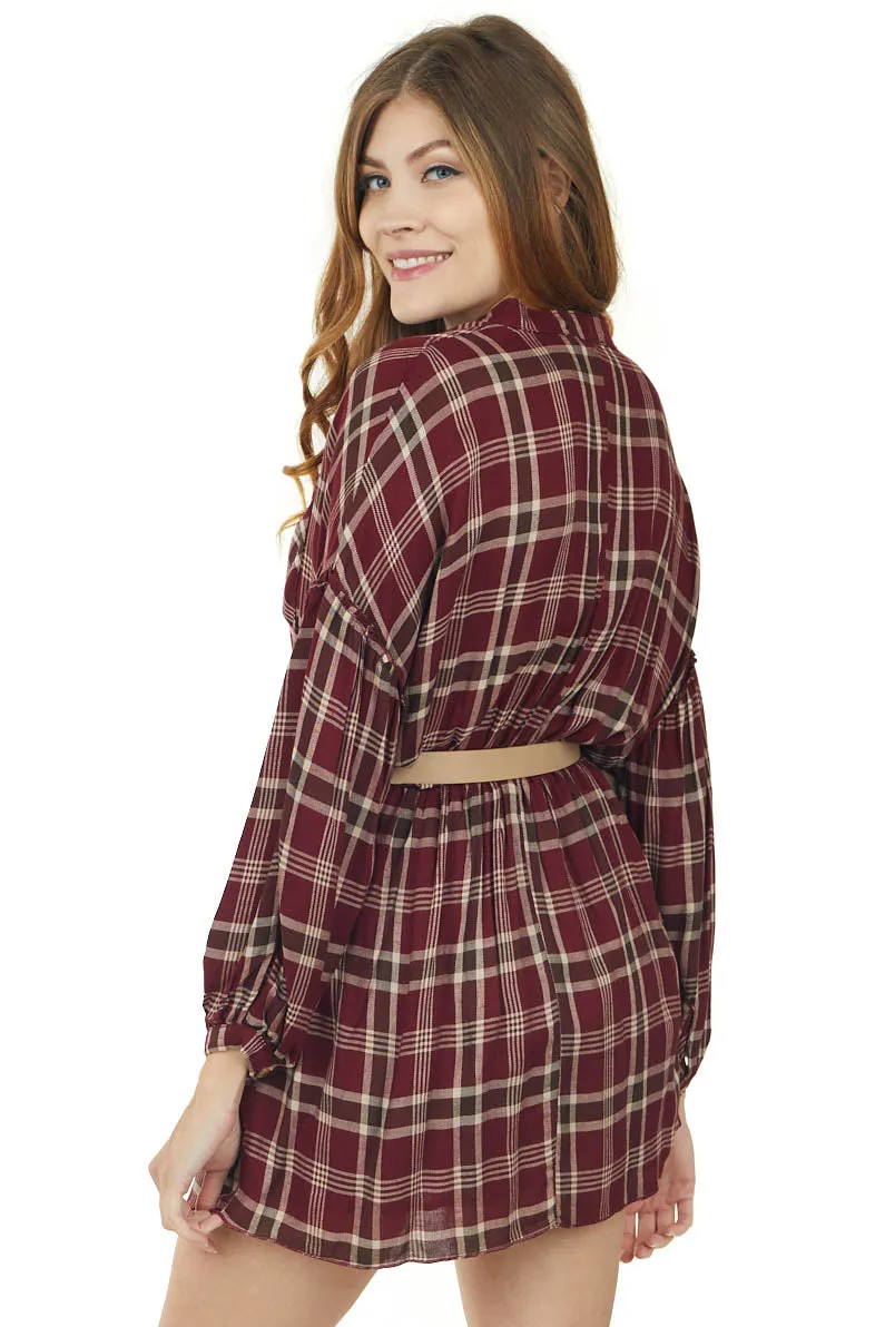 Maroon Plaid Button Up Long Sleeve Shirt Dress sold by Lime Lush product image thumbnail 5