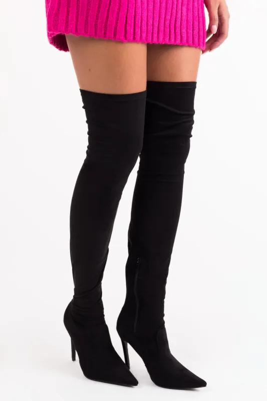 Black Suede Pointy Toe Thigh High Heel Boots sold by Lime Lush