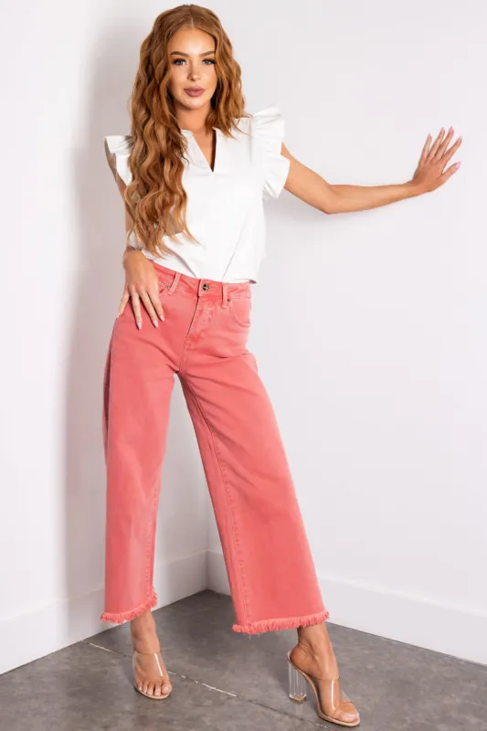 Risen Watermelon Tummy Control Cropped Wide Jeans sold by Lime Lush