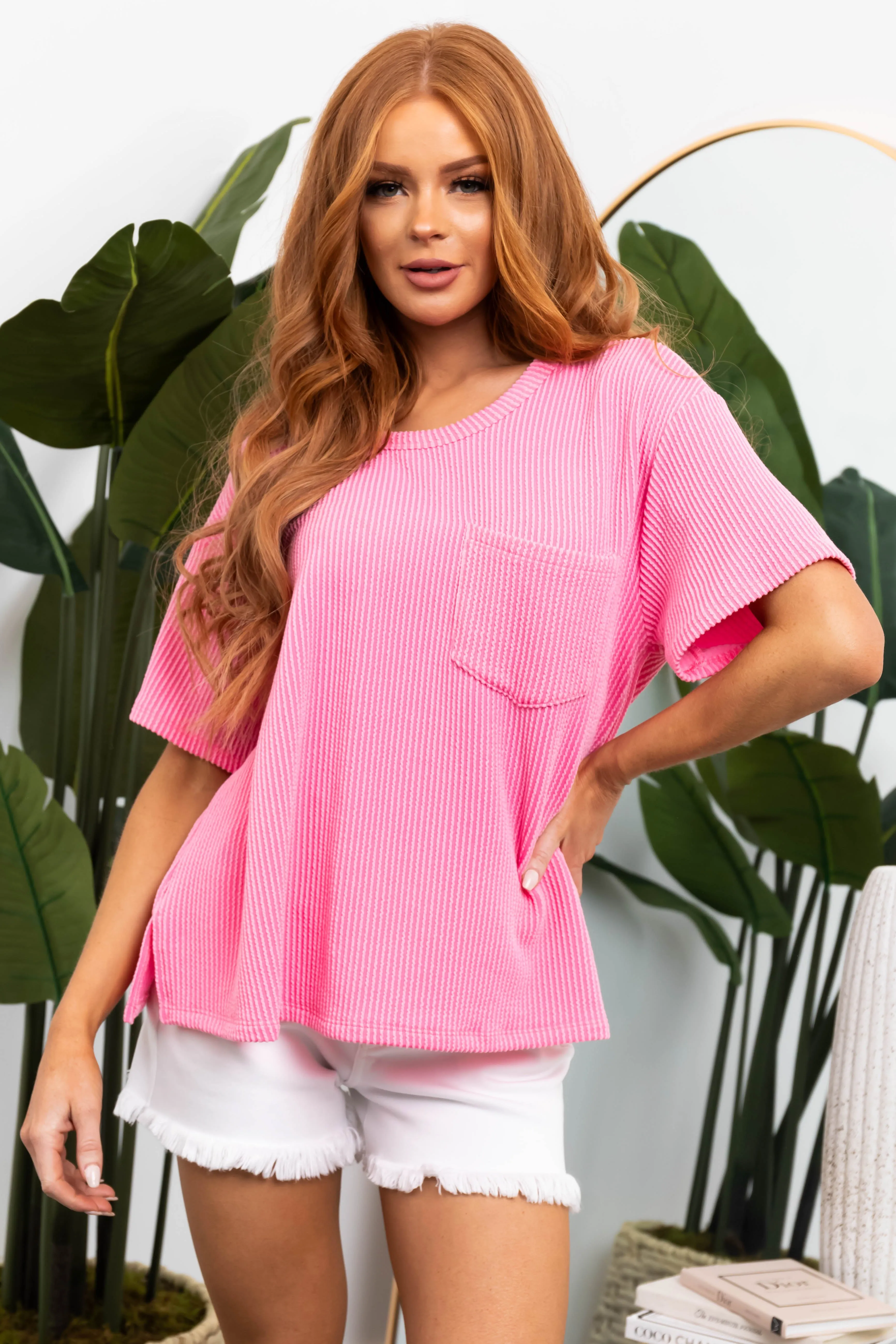 Bubblegum Chest Pocket Wavy Ribbed Knit Top sold by Lime Lush