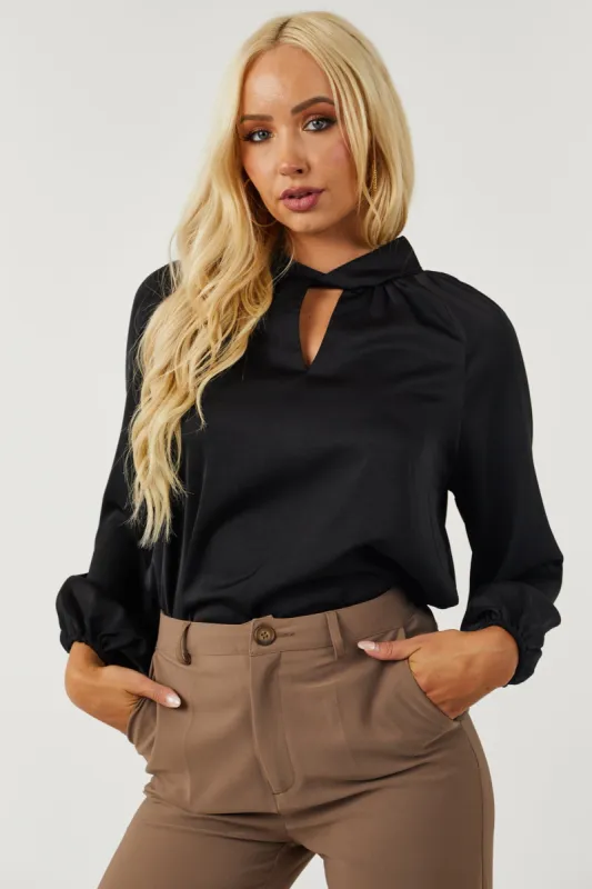 Black Bubble Sleeve High Neck Satin Blouse sold by Lime Lush