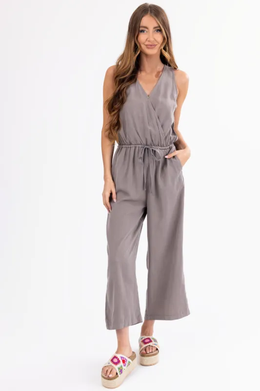 Taupe Sleeveless Elastic Waist Tie Jumpsuit sold by Lime Lush