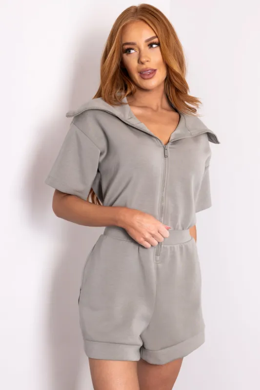 Dusty Sage Short Sleeve Zip Up Romper sold by Lime Lush