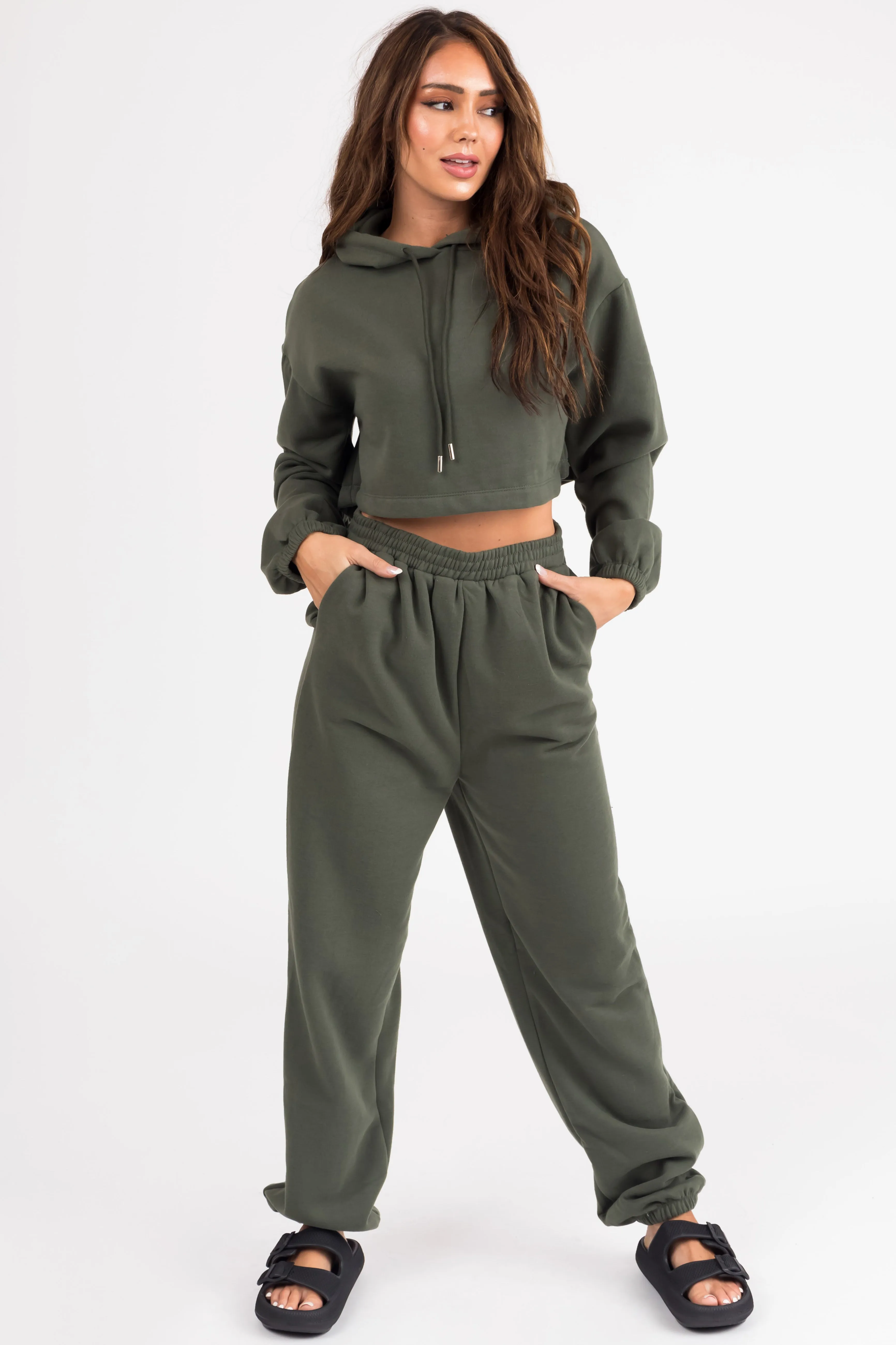 Olive Long Sleeve Crop Top and Jogger Set sold by Lime Lush product image thumbnail 4