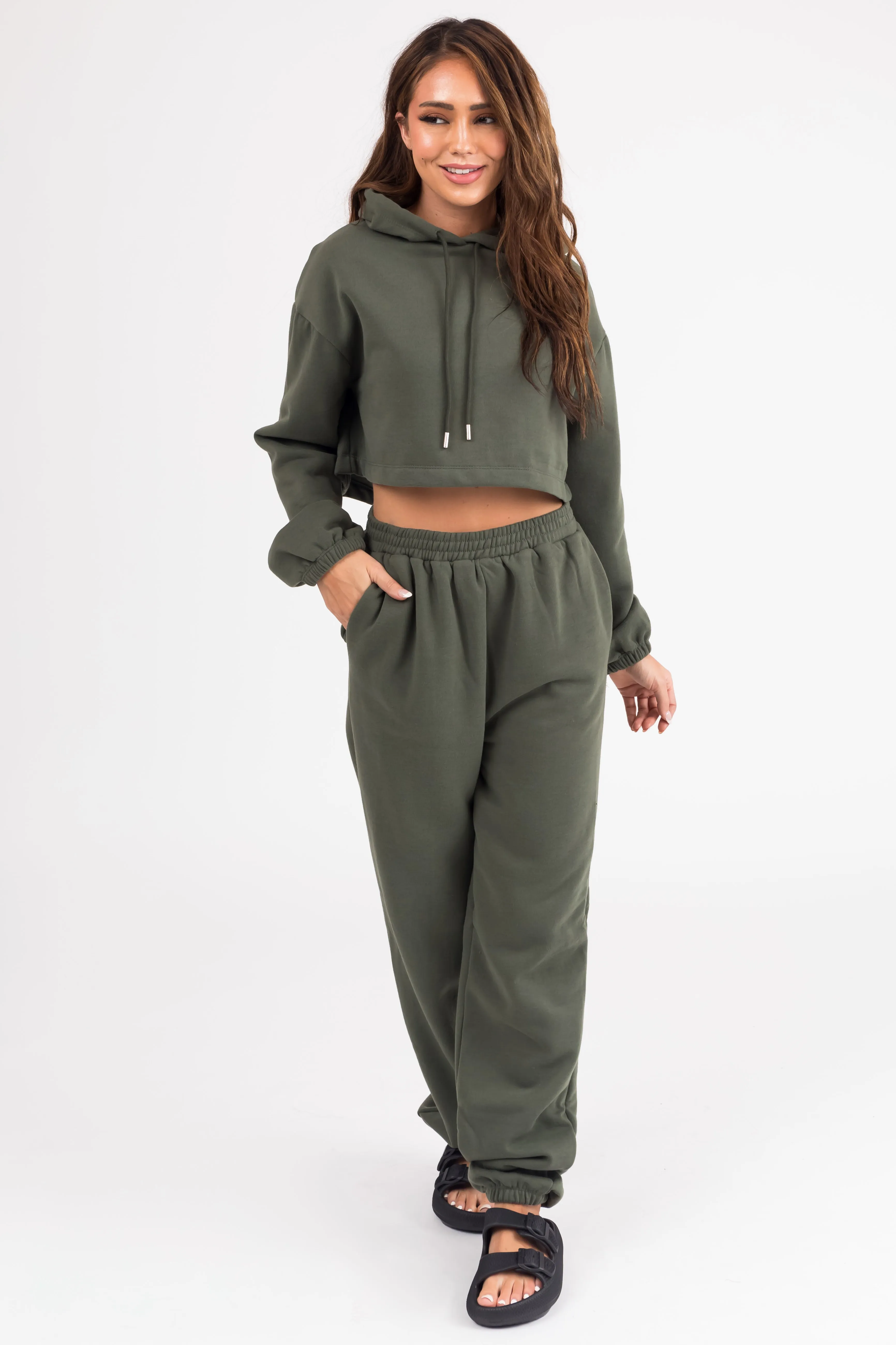Olive Long Sleeve Crop Top and Jogger Set sold by Lime Lush