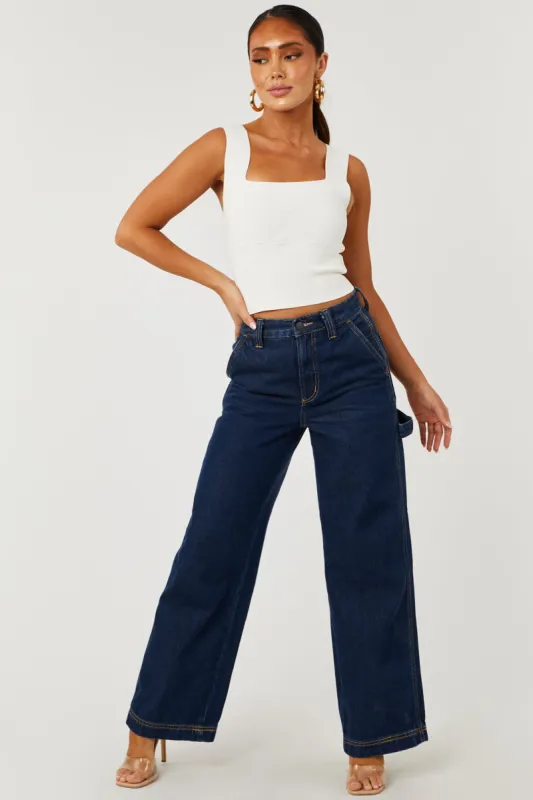 Cello Dark Wash High Rise Wide Leg Carpenter Jeans sold by Lime Lush