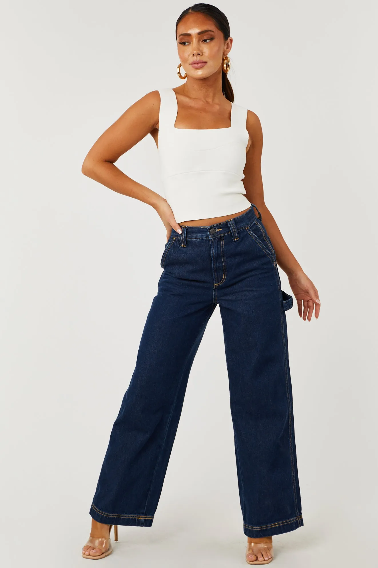 Cello Dark Wash High Rise Wide Leg Carpenter Jeans sold by Lime Lush