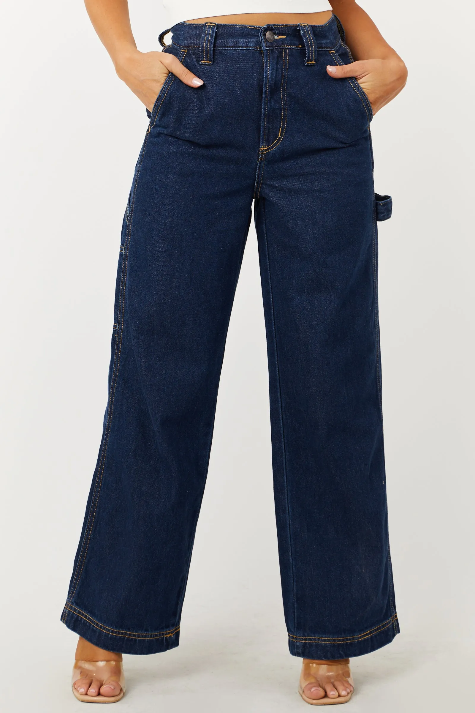 Cello Dark Wash High Rise Wide Leg Carpenter Jeans sold by Lime Lush product image thumbnail 2