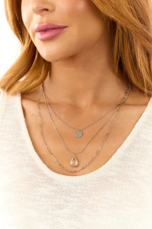 Silver Layered Chain Teardrop Necklace sold by Lime Lush