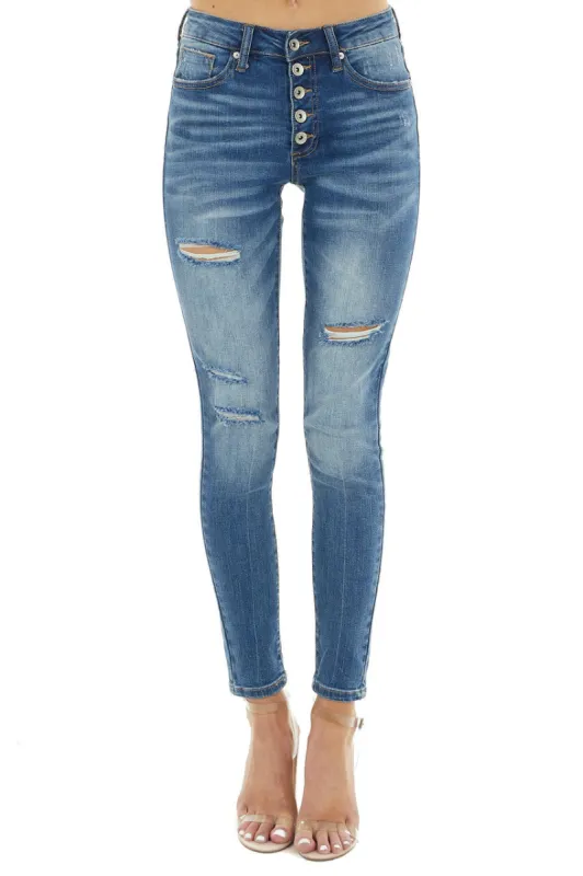 Special A Medium Dark Wash Mid Rise Distressed Skinny Jeans sold by Lime Lush