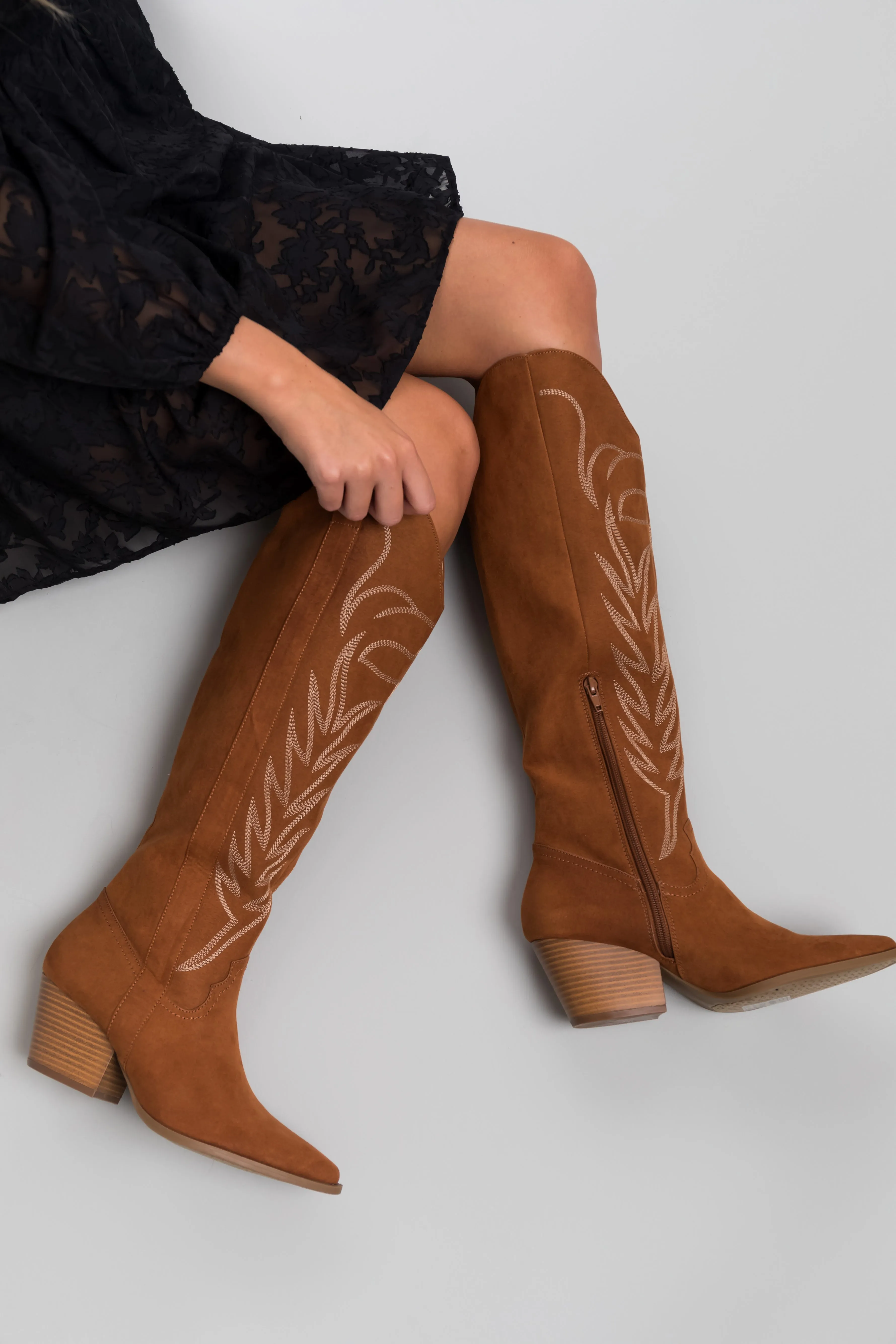 Cognac Suede Knee High Pointed Toe Western Boots sold by Lime Lush