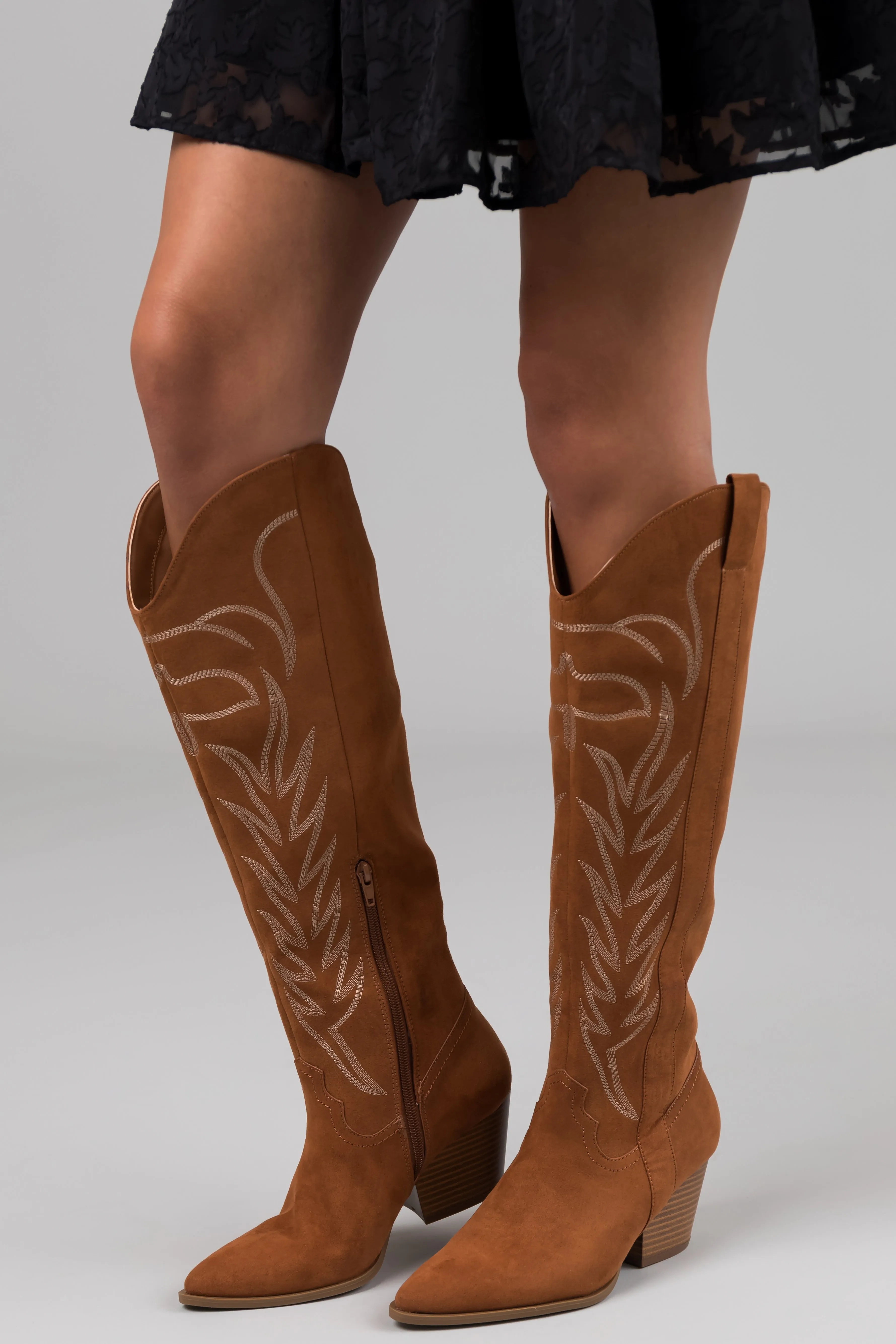 Cognac Suede Knee High Pointed Toe Western Boots sold by Lime Lush product image thumbnail 3