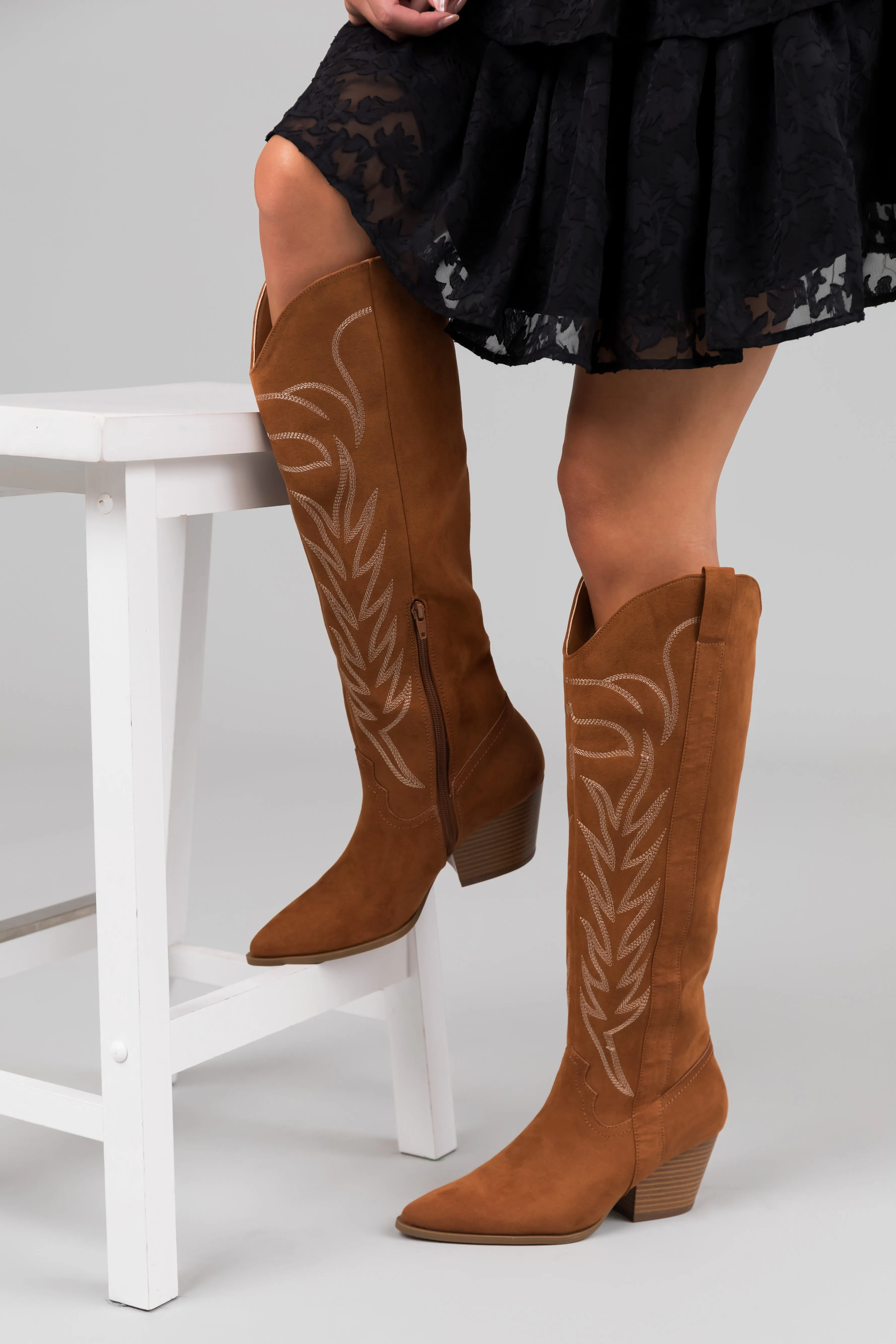 Cognac Suede Knee High Pointed Toe Western Boots sold by Lime Lush product image thumbnail 4
