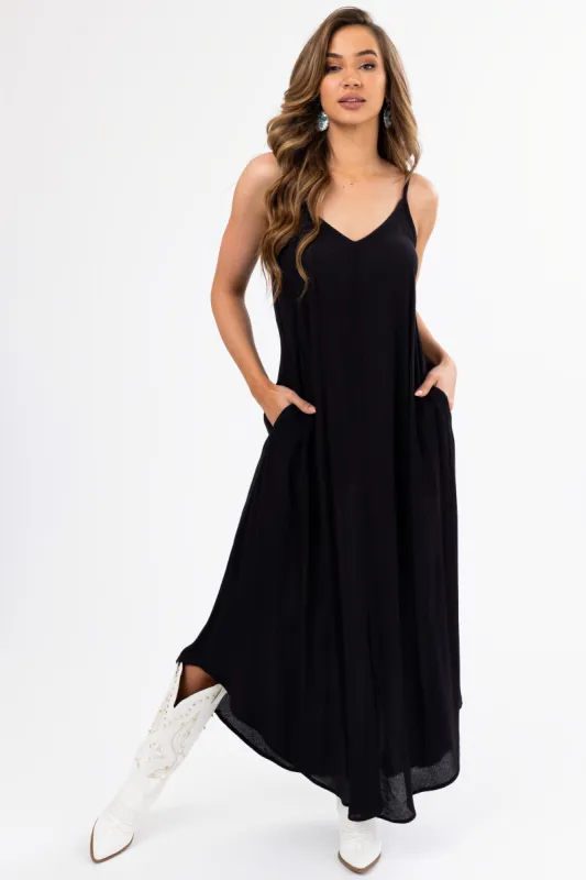 Black Sleeveless V Neck Textured Maxi Dress sold by Lime Lush
