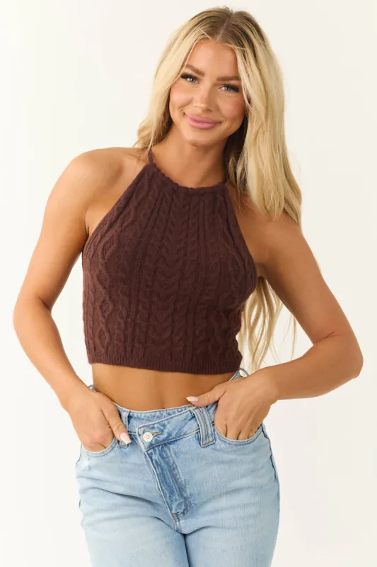Chocolate Cable Knit Halter Neck Open Back Top sold by Lime Lush