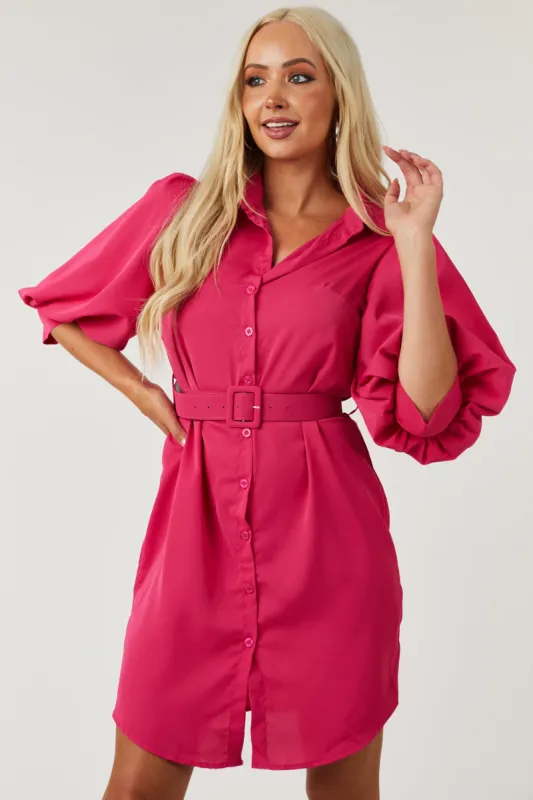 Raspberry Puff Sleeve Button Down Shirt Dress sold by Lime Lush