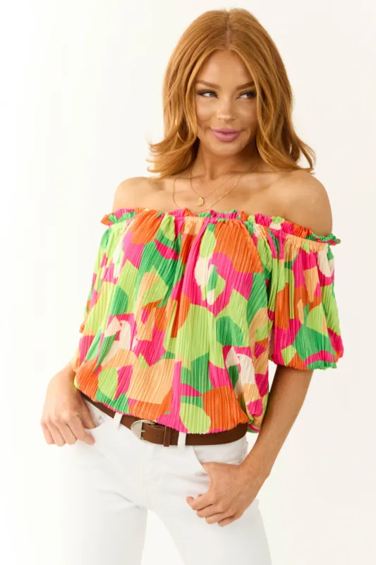 Flying Tomato Neon Kiwi Plisse Satin Abstract Print Top sold by Lime Lush