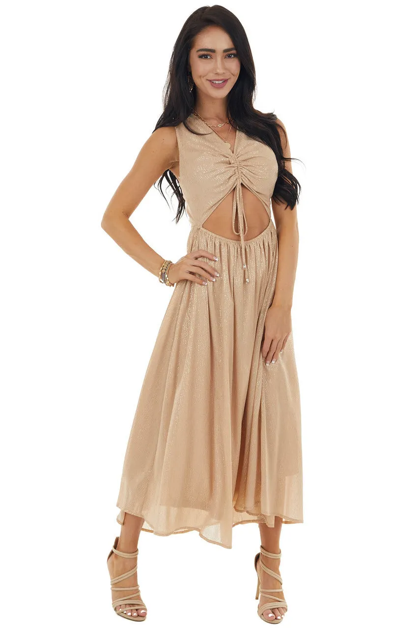 Champagne Glitter Sleeveless Midi Woven Dress with Cut Out sold by Lime Lush